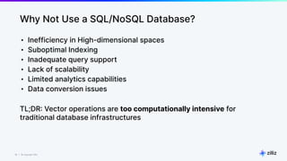 19 | © Copyright Zilliz
19
Why Not Use a SQL/NoSQL Database?
• Inefficiency in High-dimensional spaces
• Suboptimal Indexing
• Inadequate query support
• Lack of scalability
• Limited analytics capabilities
• Data conversion issues
TL;DR: Vector operations are too computationally intensive for
traditional database infrastructures
 