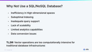 45 | © Copyright Zilliz
45
Why Not Use a SQL/NoSQL Database?
• Inefficiency in High-dimensional spaces
• Suboptimal Indexing
• Inadequate query support
• Lack of scalability
• Limited analytics capabilities
• Data conversion issues
TL;DR: Vector operations are too computationally intensive for
traditional database infrastructures
 