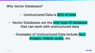 5 | © Copyright Zilliz
5
- Unstructured Data is 80% of data
- Vector Databases are the only type of database
that can work with unstructured data
- Examples of Unstructured Data include text,
images, videos, audio, etc
Why Vector Databases?
 