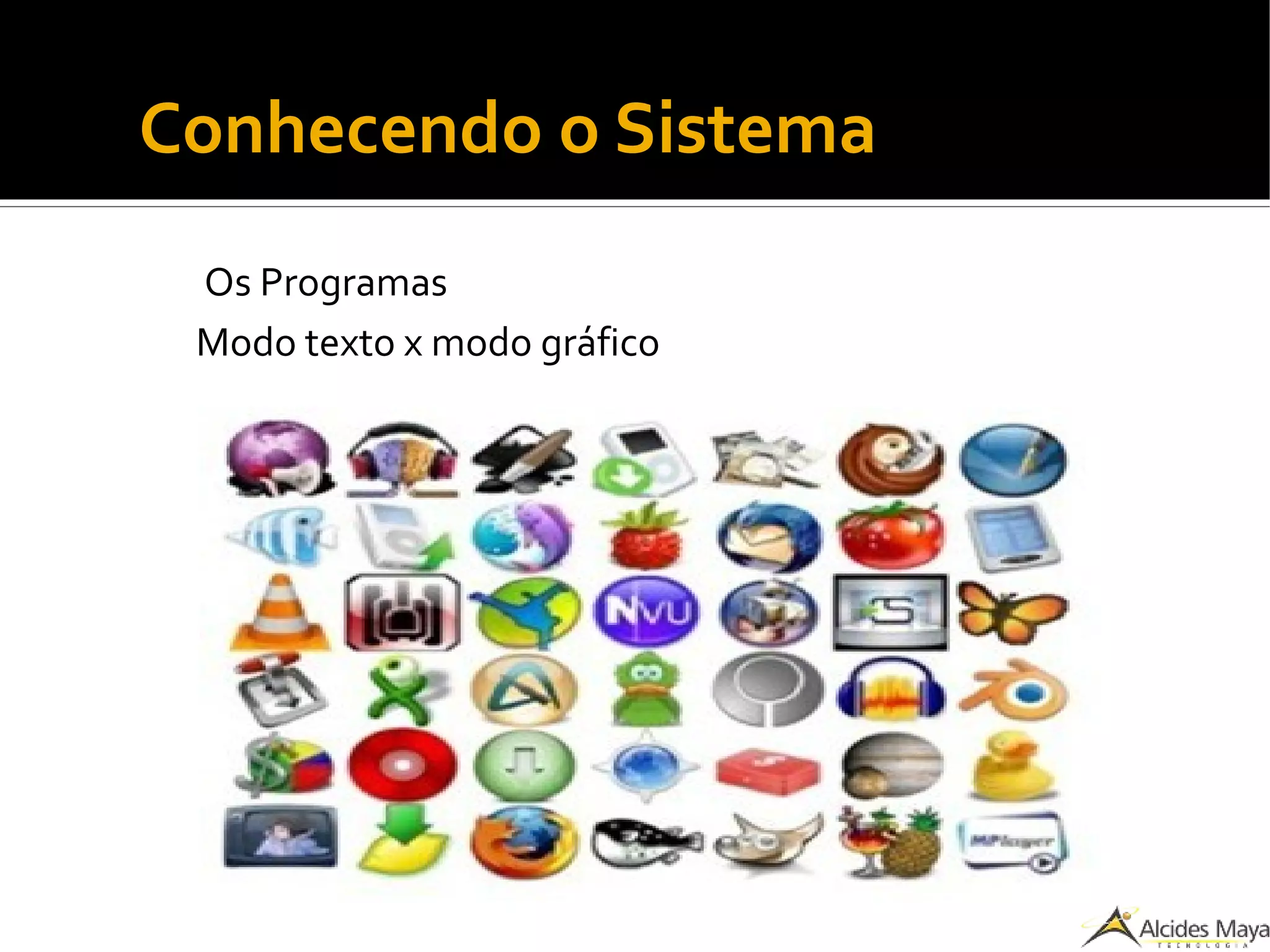 Conhecendo o Sistema
Os Programas
Modo texto x modo gráfico
 