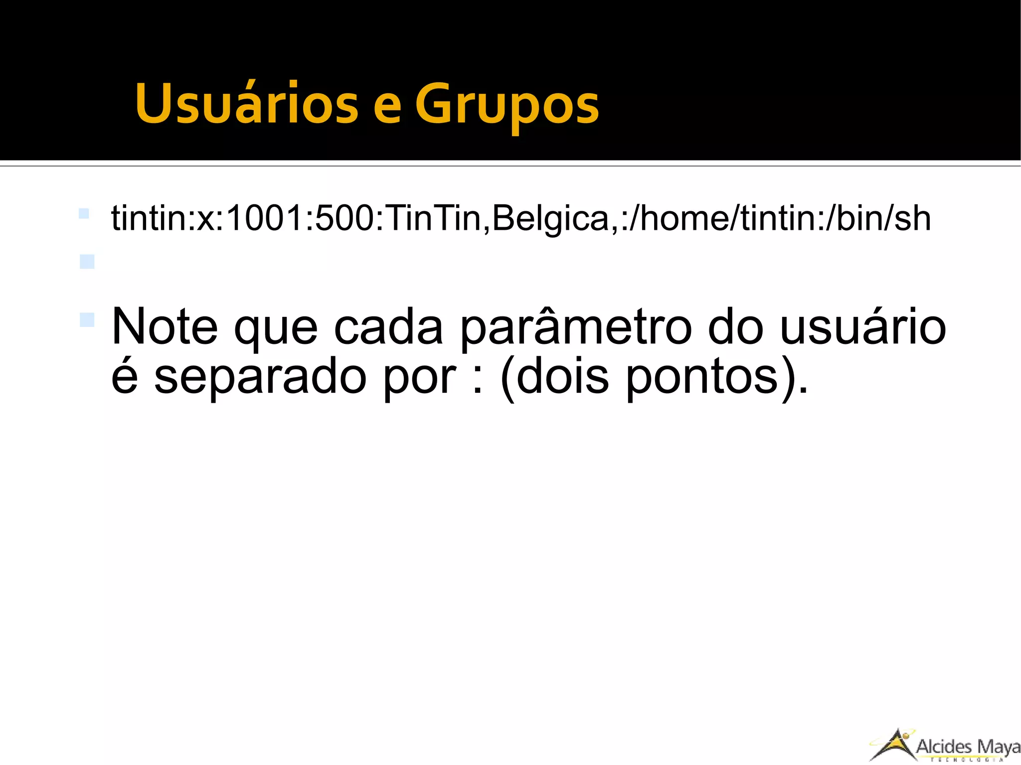 Usuários e Grupos
 tintin:x:1001:500:TinTin,Belgica,:/home/tintin:/bin/sh

 Note que cada parâmetro do usuário
é separado por : (dois pontos).
 
