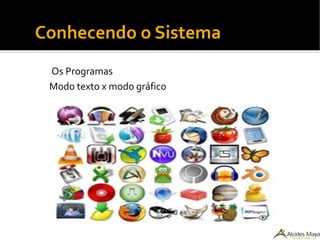 Conhecendo o Sistema
Os Programas
Modo texto x modo gráfico
 