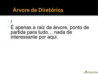 ●
Árvore de Diretórios
 /
 É apenas a raiz da árvore, ponto de
partida para tudo… nada de
interessante por aqui.

 