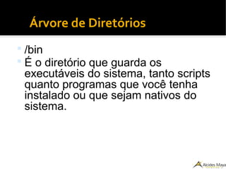●
Árvore de Diretórios
 /bin
 É o diretório que guarda os
executáveis do sistema, tanto scripts
quanto programas que você tenha
instalado ou que sejam nativos do
sistema.
 