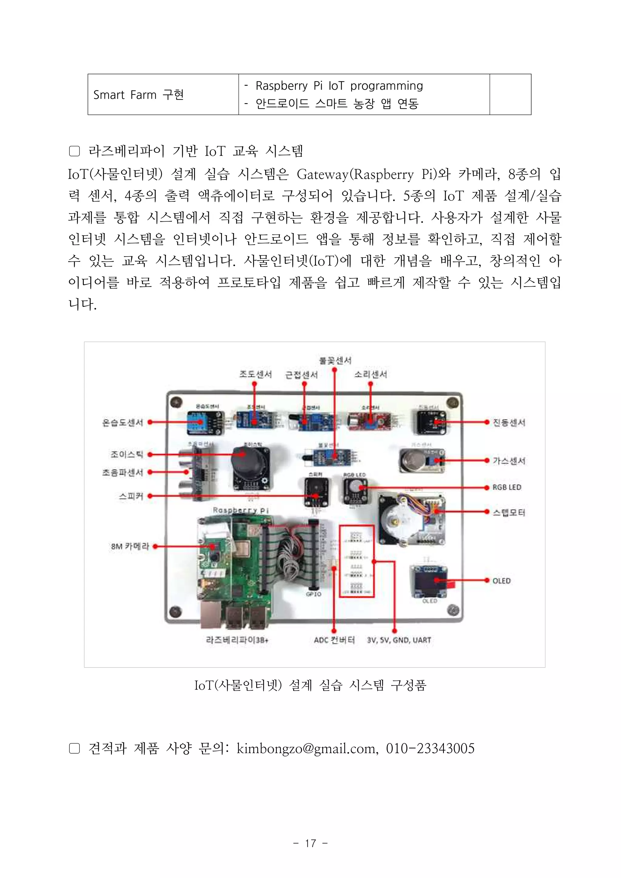 - 17 -
▢ 라즈베리파이 기반 IoT 교육 시스템
IoT(사물인터넷) 설계 실습 시스템은 Gateway(Raspberry Pi)와 카메라, 8종의 입
력 센서, 4종의 출력 액츄에이터로 구성되어 있습니다. 5종의 IoT 제품 설계/실습
과제를 통합 시스템에서 직접 구현하는 환경을 제공합니다. 사용자가 설계한 사물
인터넷 시스템을 인터넷이나 안드로이드 앱을 통해 정보를 확인하고, 직접 제어할
수 있는 교육 시스템입니다. 사물인터넷(IoT)에 대한 개념을 배우고, 창의적인 아
이디어를 바로 적용하여 프로토타입 제품을 쉽고 빠르게 제작할 수 있는 시스템입
니다.
IoT(사물인터넷) 설계 실습 시스템 구성품
▢ 견적과 제품 사양 문의: kimbongzo@gmail.com, 010-23343005
Smart Farm 구현
- Raspberry Pi IoT programming
- 안드로이드 스마트 농장 앱 연동
 