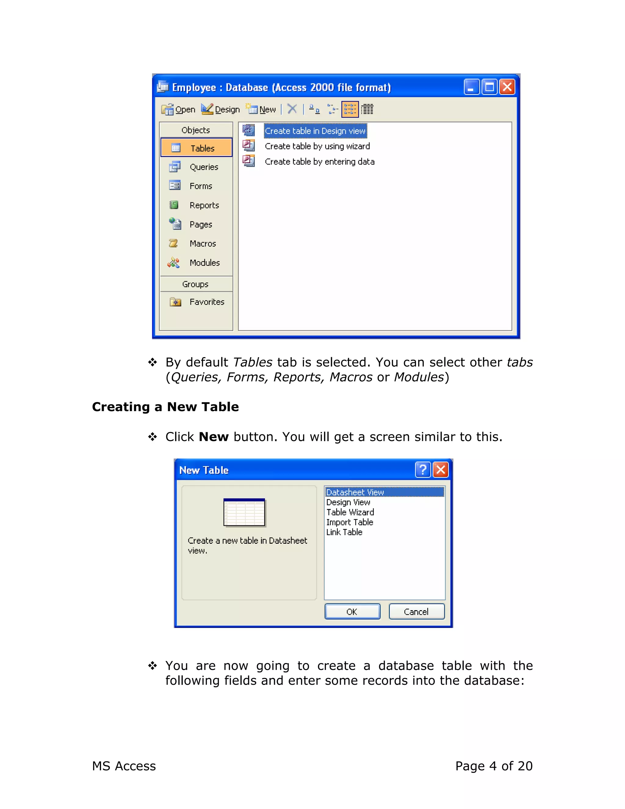 MS Access Page 4 of 20
By default Tables tab is selected. You can select other tabs
(Queries, Forms, Reports, Macros or Modules)
Creating a New Table
Click New button. You will get a screen similar to this.
You are now going to create a database table with the
following fields and enter some records into the database:
 