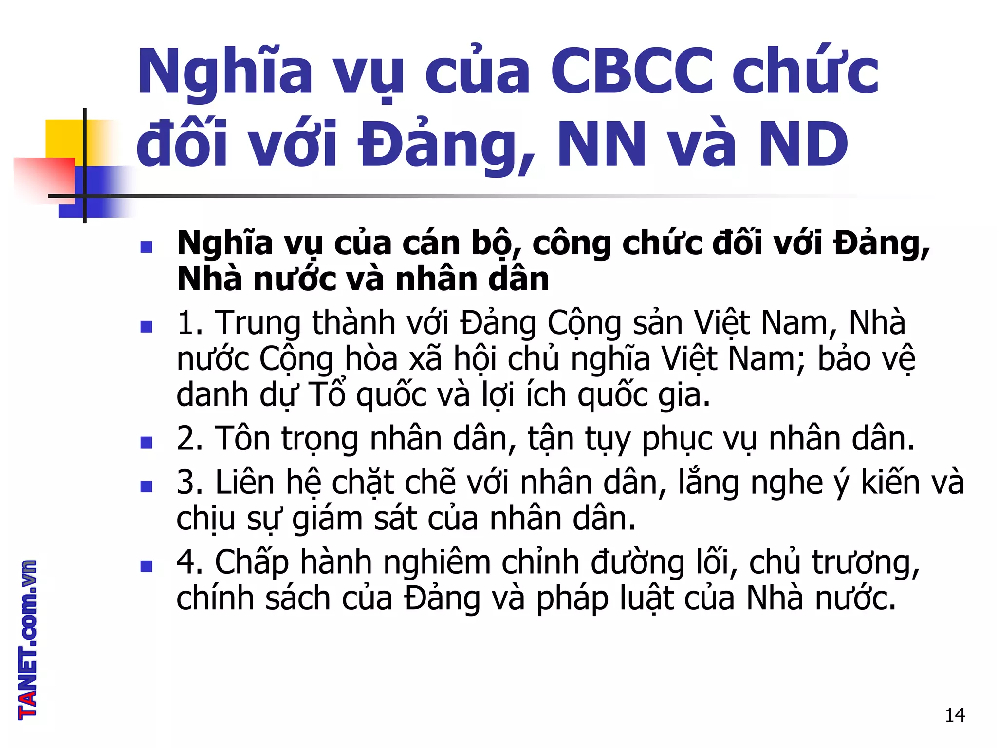 Nghĩa vụ của CBCC chức
đối với Đảng, NN và ND
 Nghĩa vụ của cán bộ, công chức đối với Đảng,
Nhà nước và nhân dân
 1. Trung thành với Đảng Cộng sản Việt Nam, Nhà
nước Cộng hòa xã hội chủ nghĩa Việt Nam; bảo vệ
danh dự Tổ quốc và lợi ích quốc gia.
 2. Tôn trọng nhân dân, tận tụy phục vụ nhân dân.
 3. Liên hệ chặt chẽ với nhân dân, lắng nghe ý kiến và
chịu sự giám sát của nhân dân.
 4. Chấp hành nghiêm chỉnh đường lối, chủ trương,
chính sách của Đảng và pháp luật của Nhà nước.
14
 
