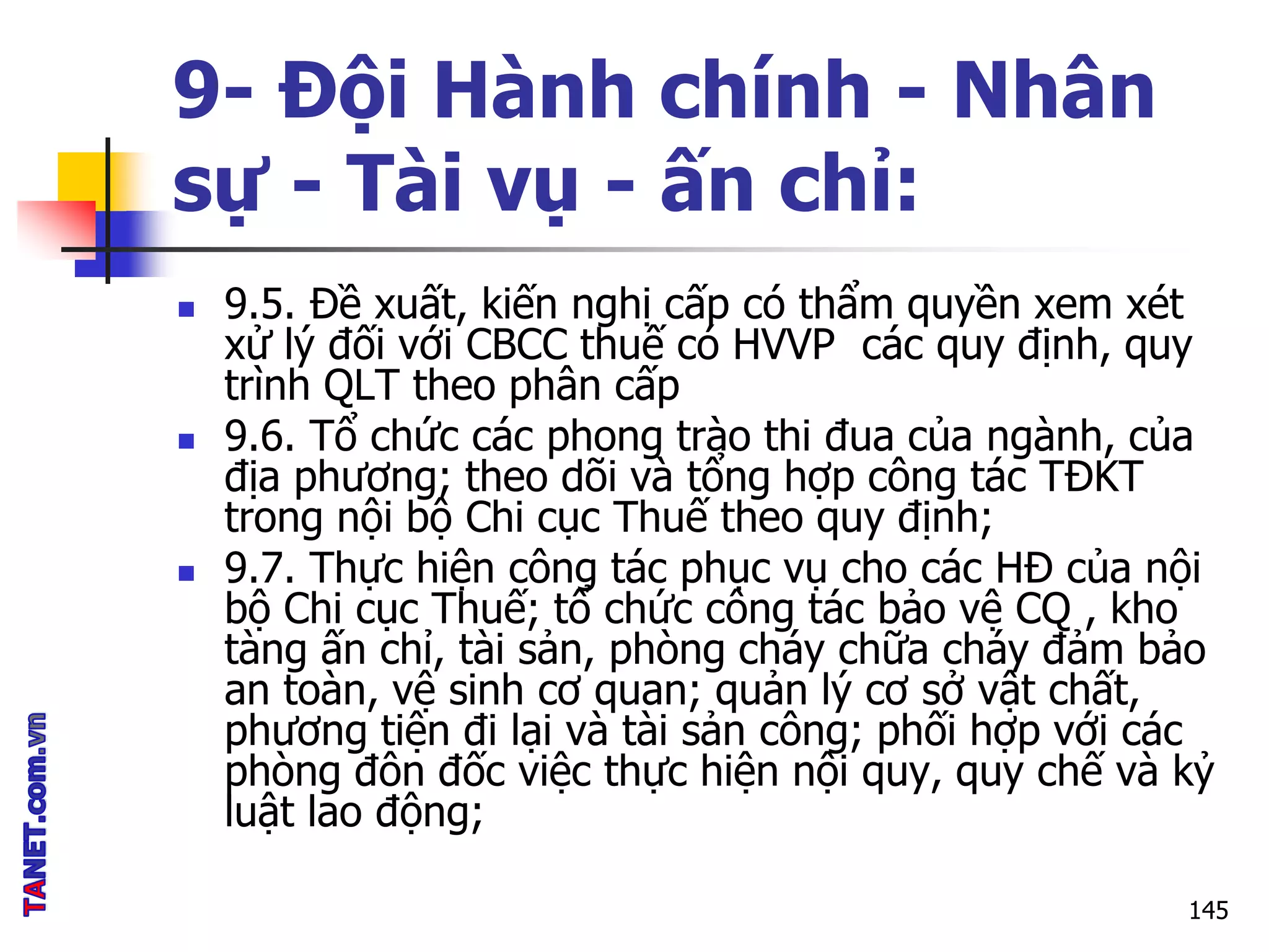 9- Đội Hành chính - Nhân
sự - Tài vụ - ấn chỉ:
 9.5. Đề xuất, kiến nghị cấp có thẩm quyền xem xét
xử lý đối với CBCC thuế có HVVP các quy định, quy
trình QLT theo phân cấp
 9.6. Tổ chức các phong trào thi đua của ngành, của
địa phương; theo dõi và tổng hợp công tác TĐKT
trong nội bộ Chi cục Thuế theo quy định;
 9.7. Thực hiện công tác phục vụ cho các HĐ của nội
bộ Chi cục Thuế; tổ chức công tác bảo vệ CQ , kho
tàng ấn chỉ, tài sản, phòng cháy chữa cháy đảm bảo
an toàn, vệ sinh cơ quan; quản lý cơ sở vật chất,
phương tiện đi lại và tài sản công; phối hợp với các
phòng đôn đốc việc thực hiện nội quy, quy chế và kỷ
luật lao động;
145
 