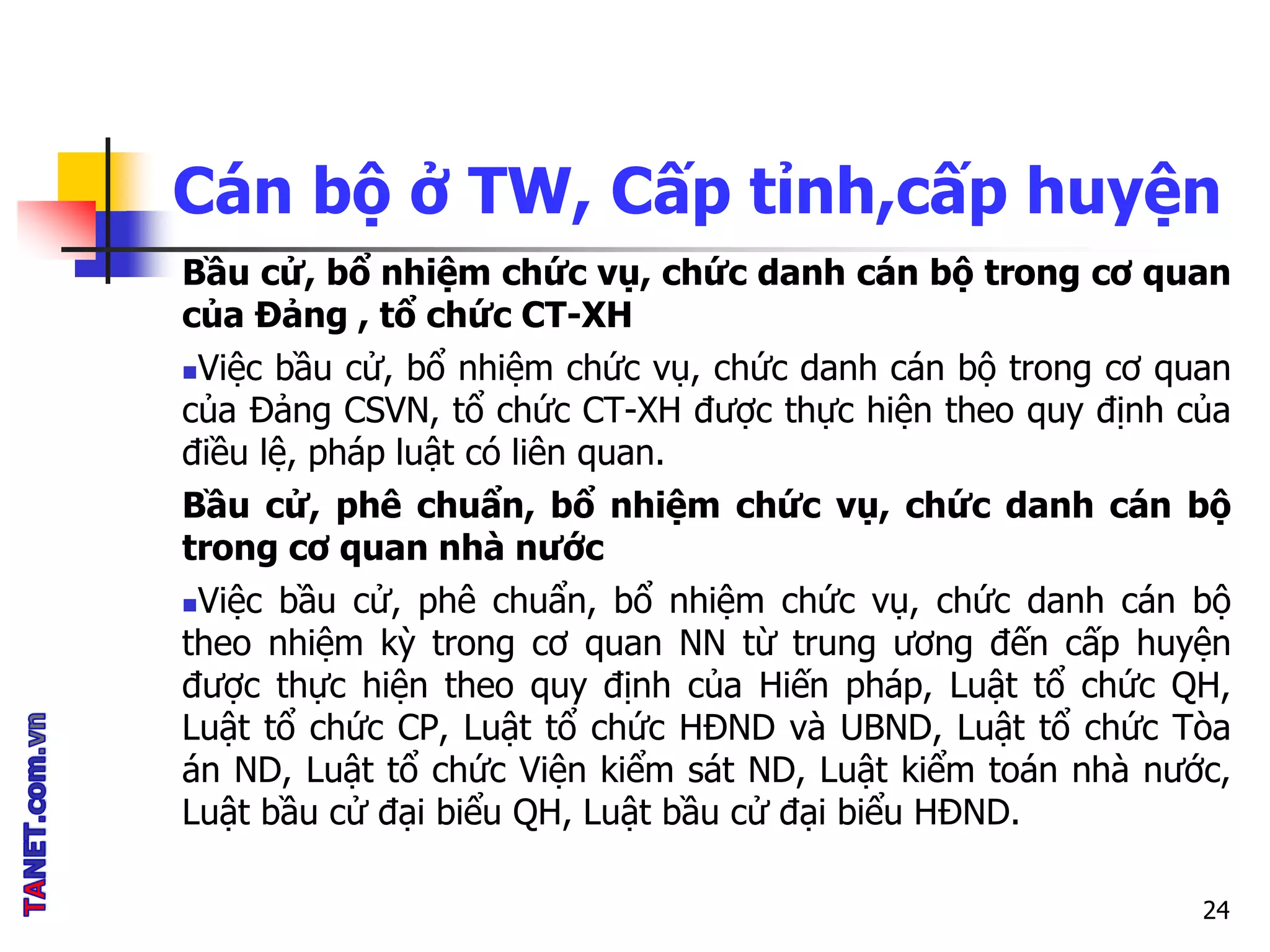 Cán bộ ở TW, Cấp tỉnh,cấp huyện
Bầu cử, bổ nhiệm chức vụ, chức danh cán bộ trong cơ quan
của Đảng , tổ chức CT-XH
Việc bầu cử, bổ nhiệm chức vụ, chức danh cán bộ trong cơ quan
của Đảng CSVN, tổ chức CT-XH được thực hiện theo quy định của
điều lệ, pháp luật có liên quan.
Bầu cử, phê chuẩn, bổ nhiệm chức vụ, chức danh cán bộ
trong cơ quan nhà nước
Việc bầu cử, phê chuẩn, bổ nhiệm chức vụ, chức danh cán bộ
theo nhiệm kỳ trong cơ quan NN từ trung ương đến cấp huyện
được thực hiện theo quy định của Hiến pháp, Luật tổ chức QH,
Luật tổ chức CP, Luật tổ chức HĐND và UBND, Luật tổ chức Tòa
án ND, Luật tổ chức Viện kiểm sát ND, Luật kiểm toán nhà nước,
Luật bầu cử đại biểu QH, Luật bầu cử đại biểu HĐND.
24
 