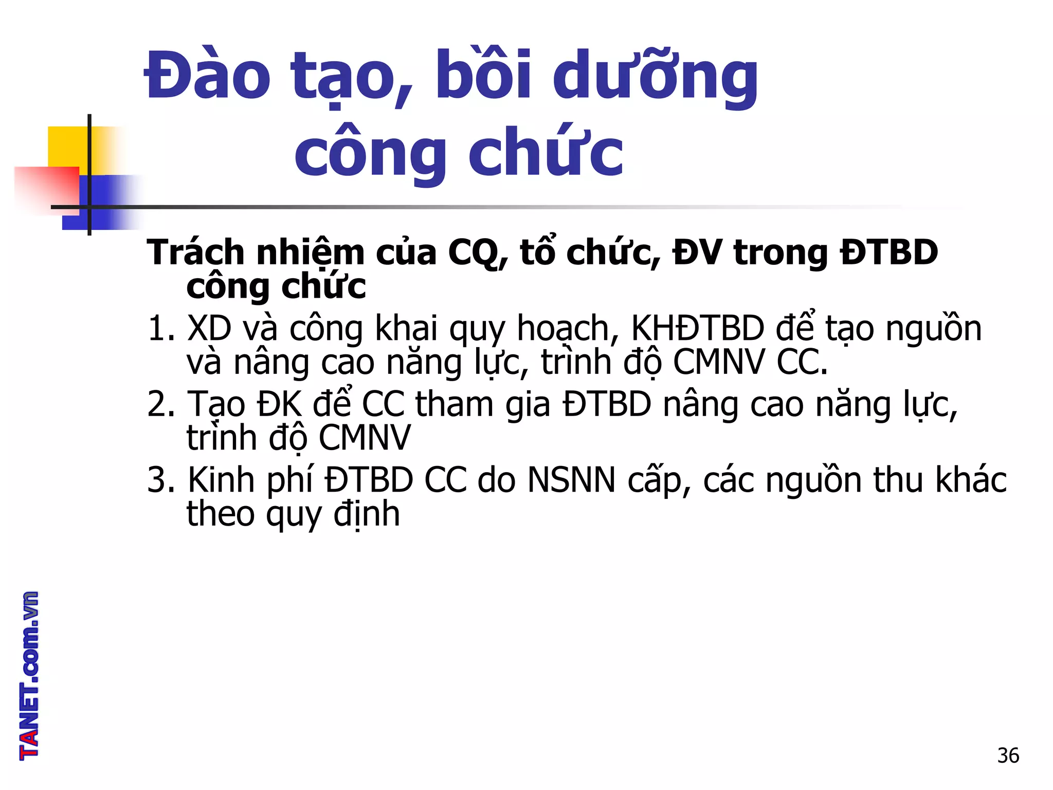 Đào tạo, bồi dưỡng
công chức
Trách nhiệm của CQ, tổ chức, ĐV trong ĐTBD
công chức
1. XD và công khai quy hoạch, KHĐTBD để tạo nguồn
và nâng cao năng lực, trình độ CMNV CC.
2. Tạo ĐK để CC tham gia ĐTBD nâng cao năng lực,
trình độ CMNV
3. Kinh phí ĐTBD CC do NSNN cấp, các nguồn thu khác
theo quy định
36
 