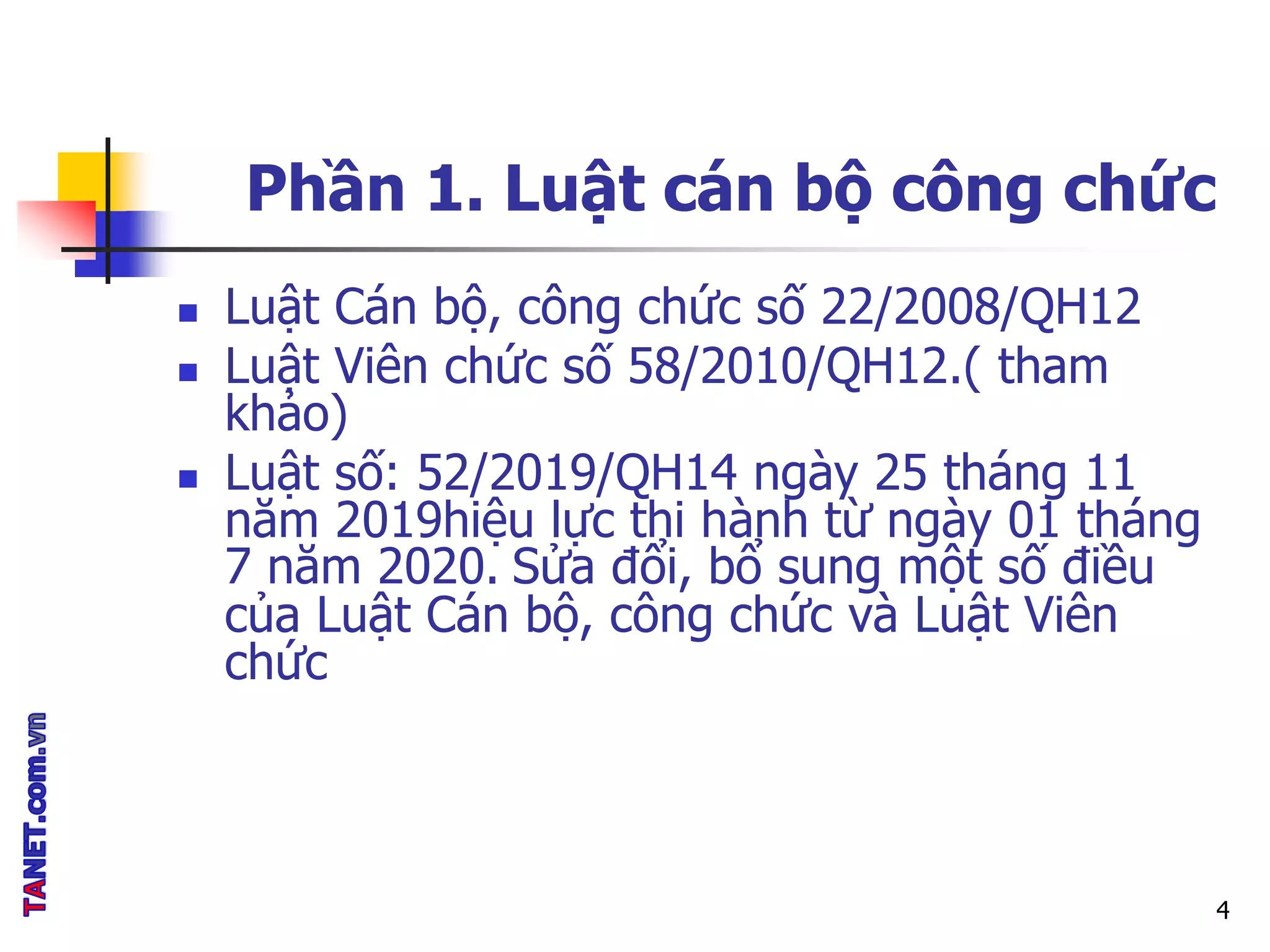 Phần 1. Luật cán bộ công chức
 Luật Cán bộ, công chức số 22/2008/QH12
 Luật Viên chức số 58/2010/QH12.( tham
khảo)
 Luật số: 52/2019/QH14 ngày 25 tháng 11
năm 2019hiệu lực thi hành từ ngày 01 tháng
7 năm 2020. Sửa đổi, bổ sung một số điều
của Luật Cán bộ, công chức và Luật Viên
chức
4
 