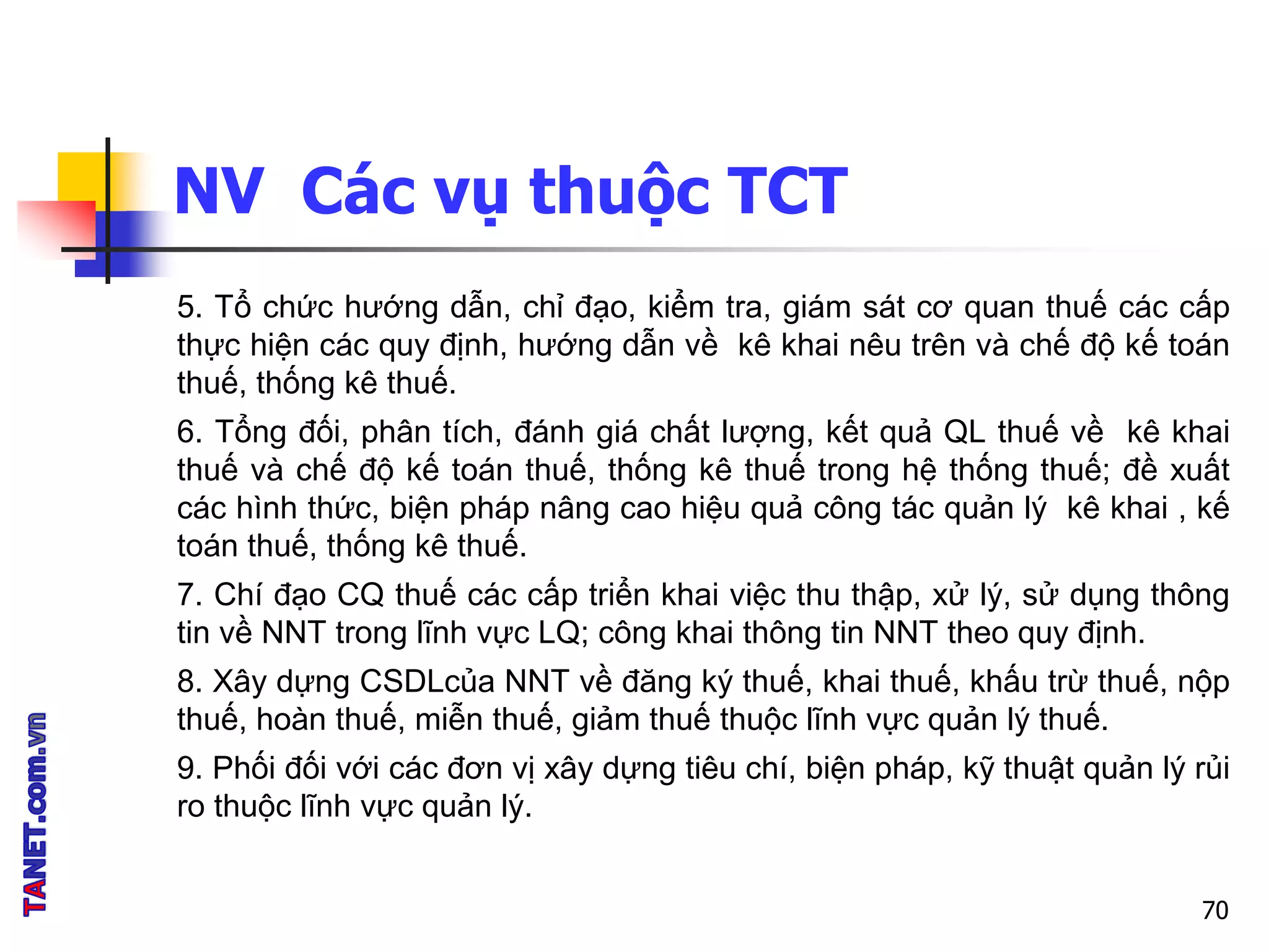 NV Các vụ thuộc TCT
5. Tổ chức hướng dẫn, chỉ đạo, kiểm tra, giám sát cơ quan thuế các cấp
thực hiện các quy định, hướng dẫn về kê khai nêu trên và chế độ kế toán
thuế, thống kê thuế.
6. Tổng đối, phân tích, đánh giá chất lượng, kết quả QL thuế về kê khai
thuế và chế độ kế toán thuế, thống kê thuế trong hệ thống thuế; đề xuất
các hình thức, biện pháp nâng cao hiệu quả công tác quản lý kê khai , kế
toán thuế, thống kê thuế.
7. Chí đạo CQ thuế các cấp triển khai việc thu thập, xử lý, sử dụng thông
tin về NNT trong lĩnh vực LQ; công khai thông tin NNT theo quy định.
8. Xây dựng CSDLcủa NNT về đăng ký thuế, khai thuế, khấu trừ thuế, nộp
thuế, hoàn thuế, miễn thuế, giảm thuế thuộc lĩnh vực quản lý thuế.
9. Phối đối với các đơn vị xây dựng tiêu chí, biện pháp, kỹ thuật quản lý rủi
ro thuộc lĩnh vực quản lý.
70
 