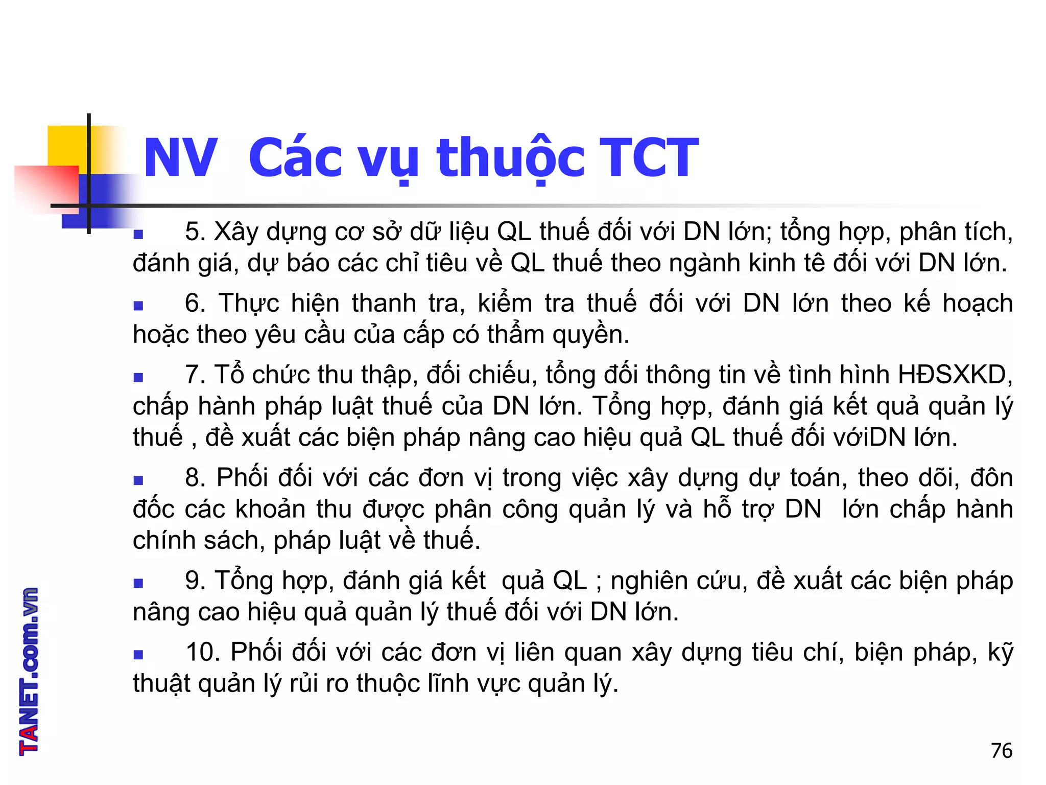 NV Các vụ thuộc TCT
 5. Xây dựng cơ sở dữ liệu QL thuế đối với DN lớn; tổng hợp, phân tích,
đánh giá, dự báo các chỉ tiêu về QL thuế theo ngành kinh tê đối với DN lớn.
 6. Thực hiện thanh tra, kiểm tra thuế đối với DN lớn theo kế hoạch
hoặc theo yêu cầu của cấp có thẩm quyền.
 7. Tổ chức thu thập, đối chiếu, tổng đối thông tin về tình hình HĐSXKD,
chấp hành pháp luật thuế của DN lớn. Tổng hợp, đánh giá kết quả quản lý
thuế , đề xuất các biện pháp nâng cao hiệu quả QL thuế đối vớiDN lớn.
 8. Phối đối với các đơn vị trong việc xây dựng dự toán, theo dõi, đôn
đốc các khoản thu được phân công quản lý và hỗ trợ DN lớn chấp hành
chính sách, pháp luật về thuế.
 9. Tổng hợp, đánh giá kết quả QL ; nghiên cứu, đề xuất các biện pháp
nâng cao hiệu quả quản lý thuế đối với DN lớn.
 10. Phối đối với các đơn vị liên quan xây dựng tiêu chí, biện pháp, kỹ
thuật quản lý rủi ro thuộc lĩnh vực quản lý.
76
 