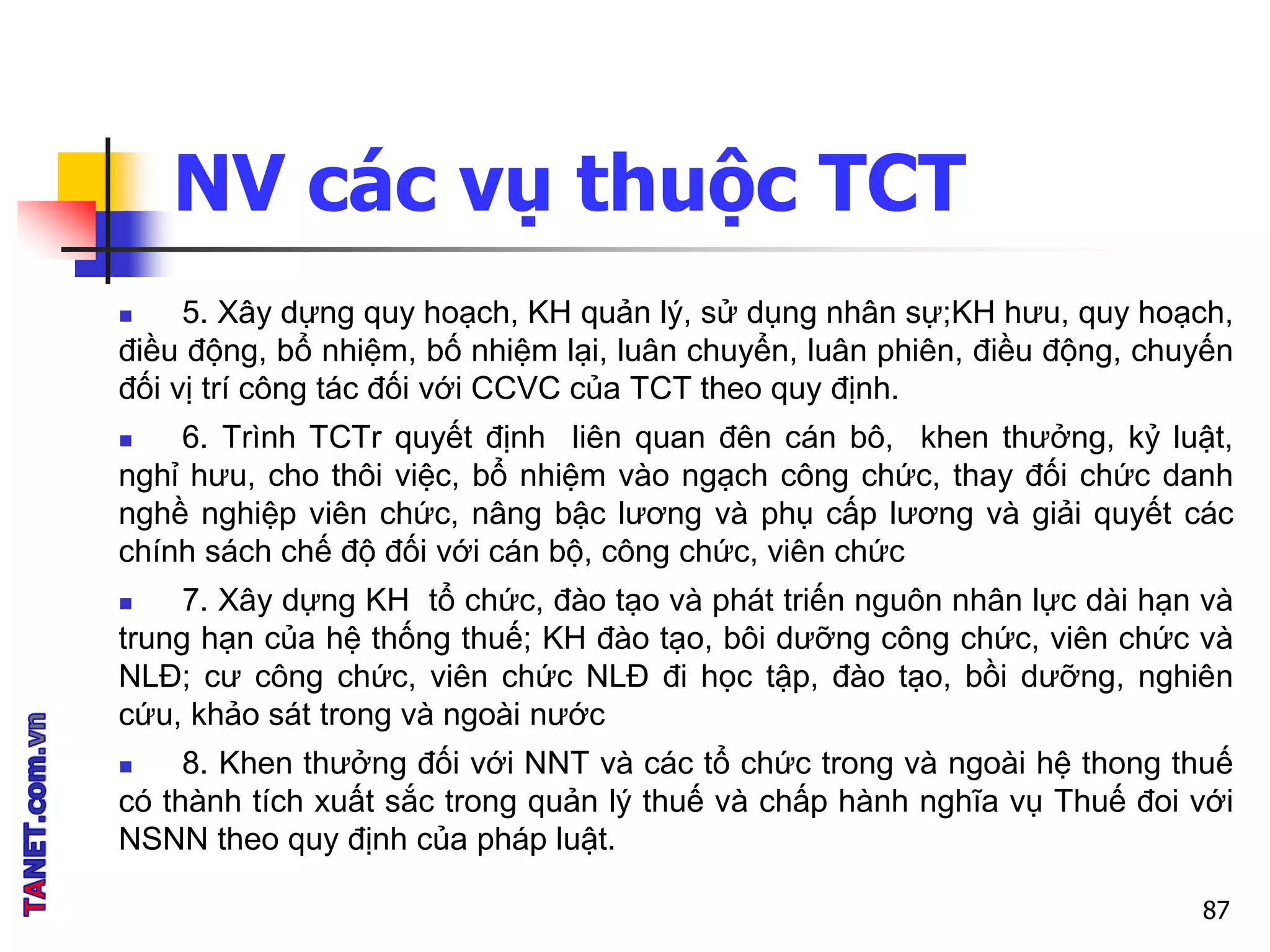 NV các vụ thuộc TCT
 5. Xây dựng quy hoạch, KH quản lý, sử dụng nhân sự;KH hưu, quy hoạch,
điều động, bổ nhiệm, bố nhiệm lại, luân chuyển, luân phiên, điều động, chuyến
đối vị trí công tác đối với CCVC của TCT theo quy định.
 6. Trình TCTr quyết định liên quan đên cán bô, khen thưởng, kỷ luật,
nghỉ hưu, cho thôi việc, bổ nhiệm vào ngạch công chức, thay đối chức danh
nghề nghiệp viên chức, nâng bậc lương và phụ cấp lương và giải quyết các
chính sách chế độ đối với cán bộ, công chức, viên chức
 7. Xây dựng KH tổ chức, đào tạo và phát triến nguôn nhân lực dài hạn và
trung hạn của hệ thống thuế; KH đào tạo, bôi dưỡng công chức, viên chức và
NLĐ; cư công chức, viên chức NLĐ đi học tập, đào tạo, bồi dưỡng, nghiên
cứu, khảo sát trong và ngoài nước
 8. Khen thưởng đối với NNT và các tổ chức trong và ngoài hệ thong thuế
có thành tích xuất sắc trong quản lý thuế và chấp hành nghĩa vụ Thuế đoi với
NSNN theo quy định của pháp luật.
87
 