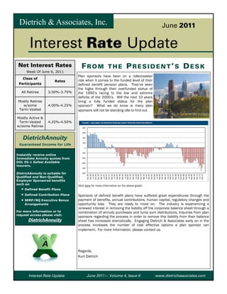 Dietrich & Associates, Inc.                                                               June 2011


        Interest Rate Update
 Net Interest Rates                 FROM THE PRESIDENT’S DESK
      Week Of June 6, 2011
                                  Plan sponsors have been on a rollercoaster
    Class of
                       Rates      ride when it comes to the funded level of their
 Participants                     defined benefit pension plans. They’ve seen
                                  the highs through their overfunded status of
   All Retiree     3.50%-3.75%    the 1990’s racing to the low and extreme
                                  deficits of the 2000’s. Will the next 10 years
 Mostly Retiree                   bring a fully funded status for the plan
   w/some          4.00%-4.25%    sponsor? What we do know is many plan
 Term-Vested                      sponsors will not be standing idle to find out.

Mostly Active &
 Term-Vested       4.25%-4.50%
w/some Retiree


    DietrichAnnuity
 Guaranteed Income for Life


Instantly receive online
Immediate Annuity quotes from
DOL 95-1 Safest Available
insurers.

DietrichAnnuity is suitable for
Qualified and Non-Qualified,
Employer Sponsored benefits
such as:                          Click here for more information on the above graph.
   • Defined Benefit Plans
   • Defined Contribution Plans   Sponsors of defined benefit plans have suffered great expenditures through the
   • SERP/NQ Executive Bonus      payment of benefits, annual contributions, human capital, regulatory changes and
     Arrangements                 opportunity loss. They are ready to move on. The industry is experiencing a
                                  renewed interest in removing the liability off the corporate balance sheet through a
For more information or to        combination of annuity purchases and lump sum distributions. Inquiries from plan
request access please visit:
                                  sponsors regarding the process in order to remove this liability from their balance
       DietrichAnnuity            sheet has increased dramatically. Engaging Dietrich & Associates early on in the
                                  process increases the number of cost effective options a plan sponsor can
                                  implement. For more information, please contact us.




                                  Regards,
                                  Kurt Dietrich




       Interest Rate Update             June 2011— Volume 4, Issue 6                    www.dietrichassociates.com
 