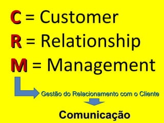 C = Customer
R = Relationship
M = Management
Gestão do Relacionamento com o Cliente

Comunicação

 