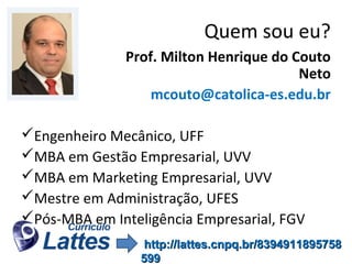 Quem sou eu?
Prof. Milton Henrique do Couto
Neto
mcouto@catolica-es.edu.br
Engenheiro Mecânico, UFF
MBA em Gestão Empresarial, UVV
MBA em Marketing Empresarial, UVV
Mestre em Administração, UFES
Pós-MBA em Inteligência Empresarial, FGV
 http://lattes.cnpq.br/8394911895758
599

 