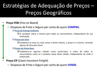 Estratégias de Adequação de Preços –
Preços Geográficos
• Preço FOB (Free on Board)
– Despesas de Frete e Seguro por conta de quem COMPRA.
 Preço de Entrega Uniforme
 O vendedor cobra o mesmo para todos os consumidores, independente de sua
localização.
 Preços por Zona
 Estabelece-se duas ou mais zonas e dentro destas, o preço é o mesmo, variando
apenas de Zona para Zona.
 Preços de Ponto-Base
 Estabelece-se algumas cidades como ponto-base, e cobra de todos os
consumidores como se o produto saísse desta cidade, independente de onde é
embarcado.
• Preço CIF (Coast Insurance Freight)
– Despesas de Frete e Seguro por conta de quem VENDE.
 