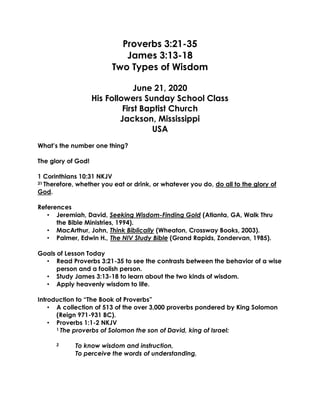 06-21-20, Proverb 3;21-35 and James 3;13-18, Two Types of Wisdom | PDF