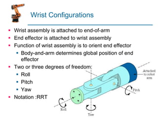 Wrist Configurations
 Wrist assembly is attached to end-of-arm
 End effector is attached to wrist assembly
 Function of wrist assembly is to orient end effector
 Body-and-arm determines global position of end
effector
 Two or three degrees of freedom:
 Roll
 Pitch
 Yaw
 Notation :RRT
 
