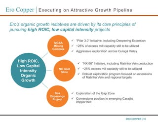  “NX 60” Initiative, including Matinha Vein production
 ~25% excess mill capacity still to be utilized
 Robust exploration program focused on extensions
of Matinha Vein and regional targets
Ero Copper | Executing on Attractive Growth Pipeline
Ero’s organic growth initiatives are driven by its core principles of
pursuing high ROIC, low capital intensity projects
High ROIC,
Low Capital
Intensity
Organic
Growth
MCSA
Mining
Complex
 “Pilar 3.0” Initiative, including Deepening Extension
 ~25% of excess mill capacity still to be utilized
 Aggressive exploration across Curaçá Valley
NX Gold
Mine
Boa
Esperança
Project
 Exploration of the Gap Zone
 Cornerstone position in emerging Carajás
copper belt
ERO COPPER | 10
 