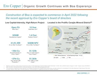 1. Based on consensus copper prices price forecast used in the Boa Esperança Technical Report dated November 12, 2021 with an effective date of August 31, 2021. Copper prices of $3.80/lb in
2024, $3.95/lb in 2025 and $3.40/lb in 2026 and thereafter, and a BRL:USD exchange rate of 5.00.
2. The occurrence of significant mineral deposits and prospects throughout the Carajás Mineral District does not imply continuity of mineralization for the Boa Esperança Project beyond that which
has been defined. Please refer to the Boa Esperança Technical Report for additional technical and scientific information.
ERO COPPER | 11
Ero Copper | Organic Growth Continues with Boa Esperança
Located in the Prolific Carajás Mineral District(2)
$294M
Development Capital(1)
1.4-Year
Payback Period(1)
Low Capital-Intensity, High-Return Project
41.8% IRR
On an After-Tax Basis(1)
$380M NPV
On an After-Tax Basis(1)
~35kt Cu
Annual Production in
First 5 Years(1)
$1.12/lb
Avg. C1 Cash Costs in
First 5 Years(1)
~27kt Cu
Avg. Annual LOM
Production (1)
$1.36/lb
Avg. LOM C1 Cash
Costs(1)
Open Pit
Mine Plan(1)
12-Year
Initial Mine Life(1)
Construction of Boa is expected to commence in April 2022 following
the recent approval by Ero Copper’s board of directors
 