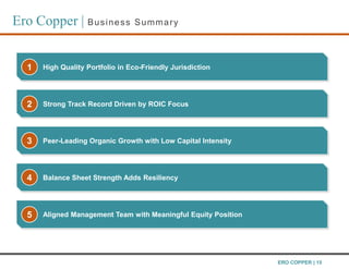 1
1 High Quality Portfolio in Eco-Friendly Jurisdiction
Ero Copper | Business Summary
ERO COPPER | 15
2 Strong Track Record Driven by ROIC Focus
2
4 Peer-Leading Organic Growth with Low Capital Intensity
3
5 Balance Sheet Strength Adds Resiliency
4
6 Aligned Management Team with Meaningful Equity Position
5
 