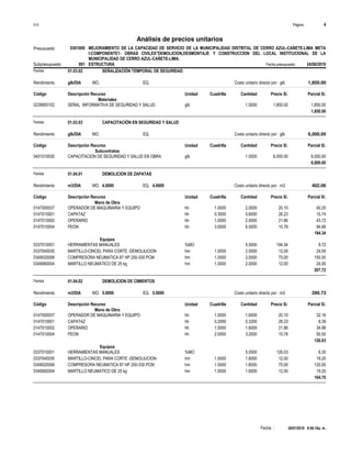 Página :
S10 4
0301009
Presupuesto MEJORAMIENTO DE LA CAPACIDAD DE SERVICIO DE LA MUNICIPALIDAD DISTRITAL DE CERRO AZUL-CAÑETE-LIMA META
I:COMPONENTE1: OBRAS CIVILES"DEMOLICION,DESMONTAJE Y CONSTRUCCION DEL LOCAL INSTITUCIONAL DE LA
MUNICIPALIDAD DE CERRO AZUL-CAÑETE-LIMA.
Análisis de precios unitarios
Fecha presupuesto 24/06/2019
001
Subpresupuesto ESTRUCTURA
Partida 01.03.02 SEÑALIZACIÓN TEMPORAL DE SEGURIDAD
glb/DIA
Rendimiento Costo unitario directo por : glb 1,850.00
EQ.
MO.
Unidad Cuadrilla Cantidad Precio S/.
Código Descripción Recurso Parcial S/.
Materiales
glb
0239900102 1.0000 1,850.00
1,850.00
SEÑAL INFORMATIVA DE SEGURIDAD Y SALUD
1,850.00
Partida 01.03.03 CAPACITACIÓN EN SEGURIDAD Y SALUD
glb/DIA
Rendimiento Costo unitario directo por : glb 6,000.00
EQ.
MO.
Unidad Cuadrilla Cantidad Precio S/.
Código Descripción Recurso Parcial S/.
Subcontratos
glb
0401010030 1.0000 6,000.00
6,000.00
CAPACITACION DE SEGURIDAD Y SALUD EN OBRA
6,000.00
Partida 01.04.01 DEMOLICION DE ZAPATAS
m3/DIA 4.0000
Rendimiento Costo unitario directo por : m3 402.06
4.0000
EQ.
MO.
Unidad Cuadrilla Cantidad Precio S/.
Código Descripción Recurso Parcial S/.
Mano de Obra
hh
0147000037 1.0000 2.0000 40.20
20.10
OPERADOR DE MAQUINARIA Y EQUIPO
hh
0147010001 0.3000 0.6000 15.74
26.23
CAPATAZ
hh
0147010002 1.0000 2.0000 43.72
21.86
OPERARIO
hh
0147010004 3.0000 6.0000 94.68
15.78
PEON
194.34
Equipos
%MO
0337010001 5.0000 9.72
194.34
HERRAMIENTAS MANUALES
hm
0337040035 1.0000 2.0000 24.00
12.00
MARTILLO-CINCEL PARA CORTE -DEMOLIUCION
hm
0349020008 1.0000 2.0000 150.00
75.00
COMPRESORA NEUMATICA 87 HP 250-330 PCM
hm
0349060004 1.0000 2.0000 24.00
12.00
MARTILLO NEUMATICO DE 25 kg
207.72
Partida 01.04.02 DEMOLICION DE CIMIENTOS
m3/DIA 5.0000
Rendimiento Costo unitario directo por : m3 290.73
5.0000
EQ.
MO.
Unidad Cuadrilla Cantidad Precio S/.
Código Descripción Recurso Parcial S/.
Mano de Obra
hh
0147000037 1.0000 1.6000 32.16
20.10
OPERADOR DE MAQUINARIA Y EQUIPO
hh
0147010001 0.2000 0.3200 8.39
26.23
CAPATAZ
hh
0147010002 1.0000 1.6000 34.98
21.86
OPERARIO
hh
0147010004 2.0000 3.2000 50.50
15.78
PEON
126.03
Equipos
%MO
0337010001 5.0000 6.30
126.03
HERRAMIENTAS MANUALES
hm
0337040035 1.0000 1.6000 19.20
12.00
MARTILLO-CINCEL PARA CORTE -DEMOLIUCION
hm
0349020008 1.0000 1.6000 120.00
75.00
COMPRESORA NEUMATICA 87 HP 250-330 PCM
hm
0349060004 1.0000 1.6000 19.20
12.00
MARTILLO NEUMATICO DE 25 kg
164.70
26/07/2019 9:56:18a. m.
Fecha :
 