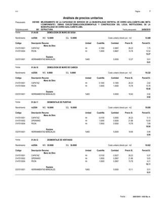 Página :
S10 7
0301009
Presupuesto MEJORAMIENTO DE LA CAPACIDAD DE SERVICIO DE LA MUNICIPALIDAD DISTRITAL DE CERRO AZUL-CAÑETE-LIMA META
I:COMPONENTE1: OBRAS CIVILES"DEMOLICION,DESMONTAJE Y CONSTRUCCION DEL LOCAL INSTITUCIONAL DE LA
MUNICIPALIDAD DE CERRO AZUL-CAÑETE-LIMA.
Análisis de precios unitarios
Fecha presupuesto 24/06/2019
001
Subpresupuesto ESTRUCTURA
Partida 01.04.09 DEMOLICION DE MURO DE SOGA
m2/DIA 12.0000
Rendimiento Costo unitario directo por : m2 12.88
12.0000
EQ.
MO.
Unidad Cuadrilla Cantidad Precio S/.
Código Descripción Recurso Parcial S/.
Mano de Obra
hh
0147010001 0.1000 0.0667 1.75
26.23
CAPATAZ
hh
0147010004 1.0000 0.6667 10.52
15.78
PEON
12.27
Equipos
%MO
0337010001 5.0000 0.61
12.27
HERRAMIENTAS MANUALES
0.61
Partida 01.04.10 DEMOLICION DE MURO DE CABEZA
m2/DIA 8.0000
Rendimiento Costo unitario directo por : m2 19.32
8.0000
EQ.
MO.
Unidad Cuadrilla Cantidad Precio S/.
Código Descripción Recurso Parcial S/.
Mano de Obra
hh
0147010001 0.1000 0.1000 2.62
26.23
CAPATAZ
hh
0147010004 1.0000 1.0000 15.78
15.78
PEON
18.40
Equipos
%MO
0337010001 5.0000 0.92
18.40
HERRAMIENTAS MANUALES
0.92
Partida 01.04.11 DESMONTAJE DE PUERTAS
m2/DIA 16.0000
Rendimiento Costo unitario directo por : m2 19.90
16.0000
EQ.
MO.
Unidad Cuadrilla Cantidad Precio S/.
Código Descripción Recurso Parcial S/.
Mano de Obra
hh
0147010001 0.0100 0.0050 0.13
26.23
CAPATAZ
hh
0147010002 1.0000 0.5000 10.93
21.86
OPERARIO
hh
0147010004 1.0000 0.5000 7.89
15.78
PEON
18.95
Equipos
%MO
0337010001 5.0000 0.95
18.95
HERRAMIENTAS MANUALES
0.95
Partida 01.04.12 DESMONTAJE DE VENTANAS
m2/DIA 30.0000
Rendimiento Costo unitario directo por : m2 10.62
30.0000
EQ.
MO.
Unidad Cuadrilla Cantidad Precio S/.
Código Descripción Recurso Parcial S/.
Mano de Obra
hh
0147010001 0.0100 0.0027 0.07
26.23
CAPATAZ
hh
0147010002 1.0000 0.2667 5.83
21.86
OPERARIO
hh
0147010004 1.0000 0.2667 4.21
15.78
PEON
10.11
Equipos
%MO
0337010001 5.0000 0.51
10.11
HERRAMIENTAS MANUALES
0.51
26/07/2019 9:56:18a. m.
Fecha :
 