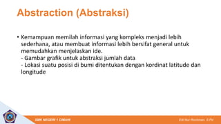 Edi Nur Rochman, S.Pd
SMK NEGERI 1 CIMAHI
Abstraction (Abstraksi)
• Kemampuan memilah informasi yang kompleks menjadi lebih
sederhana, atau membuat informasi lebih bersifat general untuk
memudahkan menjelaskan ide.
- Gambar grafik untuk abstraksi jumlah data
- Lokasi suatu posisi di bumi ditentukan dengan kordinat latitude dan
longitude
 