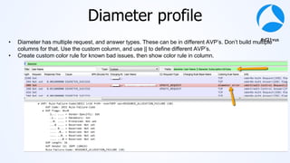 #sf21vus
Diameter profile
• Diameter has multiple request, and answer types. These can be in different AVP’s. Don’t build multiple
columns for that. Use the custom column, and use || to define different AVP’s.
• Create custom color rule for known bad issues, then show color rule in column.
 
