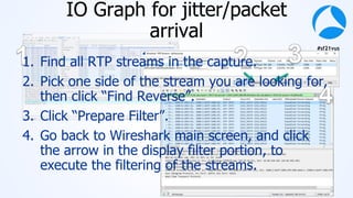 #sf21vus
IO Graph for jitter/packet
arrival
1. Find all RTP streams in the capture.
2. Pick one side of the stream you are looking for,
then click “Find Reverse”.
3. Click “Prepare Filter”.
4. Go back to Wireshark main screen, and click
the arrow in the display filter portion, to
execute the filtering of the streams.
 