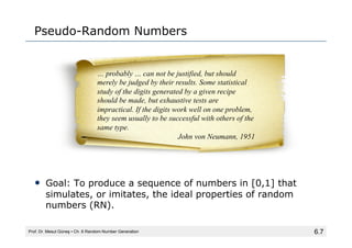 6.7
Pseudo-Random Numbers
• Goal: To produce a sequence of numbers in [0,1] that
simulates, or imitates, the ideal propert...