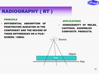13
PRINCIPLE
– DIFFERENTIAL ABSORPTION OF
PENETRATING RADIATION IN THE
COMPONENT AND THE RECORD OF
THESE DIFFERENCES ON A FILM /
SCREEN / VIDEO.
APPLICATIONS
– HOMOGENEITY OF WELDS,
CASTINGS, ASSEMBLED
COMPOSITE PRODUCTS.
Source
Object
Film
RADIOGRAPHY ( RT )
 