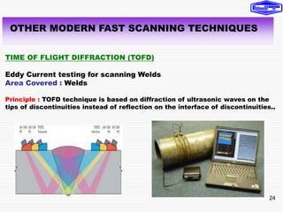 24
OTHER MODERN FAST SCANNING TECHNIQUES
TIME OF FLIGHT DIFFRACTION (TOFD)
Eddy Current testing for scanning Welds
Area Covered : Welds
Principle : TOFD technique is based on diffraction of ultrasonic waves on the
tips of discontinuities instead of reflection on the interface of discontinuities..
 