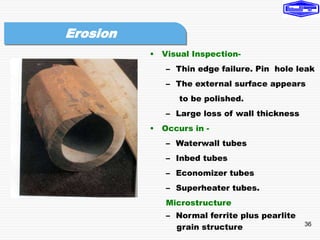 36
• Visual Inspection-
– Thin edge failure. Pin hole leak
– The external surface appears
to be polished.
– Large loss of wall thickness
• Occurs in -
– Waterwall tubes
– Inbed tubes
– Economizer tubes
– Superheater tubes.
Microstructure
– Normal ferrite plus pearlite
grain structure
Erosion
 