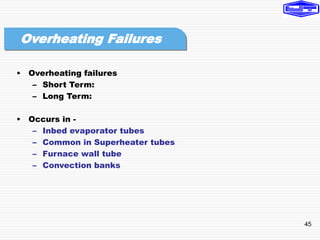 45
• Overheating failures
– Short Term:
– Long Term:
• Occurs in -
– Inbed evaporator tubes
– Common in Superheater tubes
– Furnace wall tube
– Convection banks
Overheating Failures
 