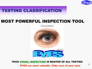 5
TESTING CLASSIFICATION
MOST POWERFUL INSPECTION TOOL
THUS VISUAL INSPECTION IS MASTER OF ALL TESTING
EYES are most valuable ,Take care of your eyes
 