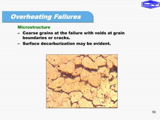 50
Microstructure
– Coarse grains at the failure with voids at grain
boundaries or cracks.
– Surface decarburization may be evident.
Overheating Failures
 
