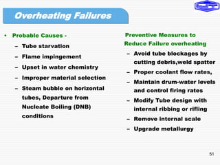51
• Probable Causes -
– Tube starvation
– Flame impingement
– Upset in water chemistry
– Improper material selection
– Steam bubble on horizontal
tubes, Departure from
Nucleate Boiling (DNB)
conditions
Preventive Measures to
Reduce Failure overheating
– Avoid tube blockages by
cutting debris,weld spatter
– Proper coolant flow rates,
– Maintain drum-water levels
and control firing rates
– Modify Tube design with
internal ribbing or rifling
– Remove internal scale
– Upgrade metallurgy
Overheating Failures
 