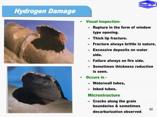 60
• Visual Inspection-
– Rupture in the form of window
type opening.
– Thick lip fracture.
– Fracture always brittle in nature.
– Excessive deposits on water
side.
– Failure always on fire side.
– Sometimes thickness reduction
is seen.
• Occurs in -
– Waterwall tubes,
– Inbed tubes.
Microstructure
– Cracks along the grain
boundaries & sometimes
decarburization observed.
Hydrogen Damage
 