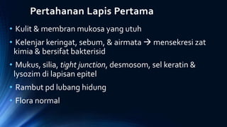 Pertahanan Lapis Pertama
• Kulit & membran mukosa yang utuh
• Kelenjar keringat, sebum, & airmata  mensekresi zat
kimia & bersifat bakterisid
• Mukus, silia, tight junction, desmosom, sel keratin &
lysozim di lapisan epitel
• Rambut pd lubang hidung
• Flora normal
 