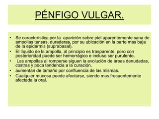 PÉNFIGO VULGAR.
• Se característica por la aparición sobre piel aparentemente sana de
ampollas tensas, duraderas, por su ubicación en la parte mas baja
de la epidermis (suprabasal).
• El líquido de la ampolla, al principio es trasparente, pero con
posterioridad puede ser hemorrágico e incluso ser purulento.
• Las ampollas al romperse siguen la evolución de áreas denudadas,
costras y poca tendencia a la curación,
• aumentan de tamaño por confluencia de las mismas.
• Cualquier mucosa puede afectarse, siendo mas frecuentemente
afectada la oral.
 