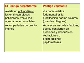 El Pénfigo herpetiforme Pénfigo vegetante
•existe un polimorfismo
lesional (con placas
policíclicas, vesículas
agrupadas en ramillete)
•Acompañadas de prurito
intenso
•La característica
fudamental es la
predilección por las flexuras
(grandes pliegues).
•Aparecen ampollas flácidas,
que se convierten en
erosiones y después en
vegtaciones o
proliferaciones
papilomatosas.
 