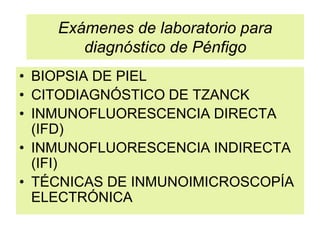 Exámenes de laboratorio para
diagnóstico de Pénfigo
• BIOPSIA DE PIEL
• CITODIAGNÓSTICO DE TZANCK
• INMUNOFLUORESCENCIA DIRECTA
(IFD)
• INMUNOFLUORESCENCIA INDIRECTA
(IFI)
• TÉCNICAS DE INMUNOIMICROSCOPÍA
ELECTRÓNICA
 