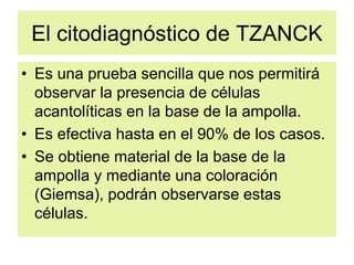 El citodiagnóstico de TZANCK
• Es una prueba sencilla que nos permitirá
observar la presencia de células
acantolíticas en la base de la ampolla.
• Es efectiva hasta en el 90% de los casos.
• Se obtiene material de la base de la
ampolla y mediante una coloración
(Giemsa), podrán observarse estas
células.
 