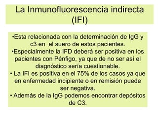 La Inmunofluorescencia indirecta
(IFI)
•Esta relacionada con la determinación de IgG y
c3 en el suero de estos pacientes.
•Especialmente la IFD deberá ser positiva en los
pacientes con Pénfigo, ya que de no ser así el
diagnóstico sería cuestionable.
• La IFI es positiva en el 75% de los casos ya que
en enfermedad incipiente o en remisión puede
ser negativa.
• Además de la IgG podemos encontrar depósitos
de C3.
 