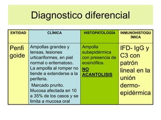 Diagnostico diferencial
ENTIDAD CLÍNICA HISTOPATOLOGÍA INMUNOHISTOQU
ÍMICA
Penfi
goide
Ampollas grandes y
tensas, lesiones
urticariformes, en piel
normal o eritematoso.
La ampolla al romper no
tiende a extenderse a la
periferia.
Marcado prurito.
Mucosa afectada en 10
a 35% de los casos y se
limita a mucosa oral
Ampolla
subepidérmica
con presencia de
eosinófilos.
NO
ACANTOLISIS
IFD- IgG y
C3 con
patrón
lineal en la
unión
dermo-
epidérmica
 