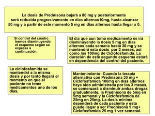 Si control del cuadro
iremos disminuyendo
el esquema según se
expresa a
continuación.
La dosis de Prednisona bajará a 80 mg y posteriormente
será reducida progresivamente en días alternos10mg, hasta alcanzar
50 mg y a partir de este momento 5 mg en días alternos hasta llegar a 0.
La ciclofosfamida se
mantendrá a la misma
dosis y por tanto llegará el
momento en que el
paciente no tome
medicamentos uno de los
días.
El día que aun toma medicamento se irá
disminuyendo la dosis 5 mg en días
alternos cada semana hasta 30 mg y se
mantendrá esta dosis por 3 meses, así
como los 100mg de Ciclofosfamida. La
duración de este segundo esquema estará
en dependencia del control del paciente.
Mantenimiento: Cuando la terapia
alternativa con Prednisona 30 mg +
Ciclofosfamida 100mg en dias alternos
haya sido administrada por los 3 meses,
se comenzará a disminuir ambas drogas
gradualmente, la Prednisona de 5mg en
5mg semanal y la Ciclofosfamida de
25mg en 25mg. La dosis mínima
dependerá de cada paciente y esta
puede llegar a ser Prednisona 5 mg+
Ciclofosfamida 25 mg 1 vez semanal.
 
