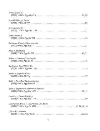 In re Enrique G.
(2006) 140 Cal.App.4th 676 ...... . .......... . . . .......... .... ....... 22, 28
In re Goldberg's Estate
(1938) 10 Cal.2d 709 ........ . ........ . ...... .... . ............. ..... ... 68
In re Jasmine G.
(2005) 127 Cal.App.4th 1109 ...... .... .... .. .. .. .. ........ ..... . ....... 21
Jn re Vincent B.
(1981) 125 Cal.App.3d 752 . ...... ... ........... .. . .. ............... . ... 44
Jackson v. County ofLos Angeles
(1997) 60 Cal.App.4th 171 .. . ............ . ............................. 31
Jines v. Abarbanel
(1978) 77 Cal.App.3d 702 .......... . . . . . ........ ... . . .......... .. . .. 60, 71
Kahrs v. County ofLos Angeles
(1938) 28 Cal.App.2d 46 . . .... ... . ... .... .... . .. . . . .............. ...... 45
Karlsson v. Ford Motor Co.
(2006) 140 Cal.App.4th 1202 . . .. . . ..... . ....... ..... . ... .... . ..... ..... 25
Keeler v. Superior Court
(1956) 46 Cal.2d 596 ............ . . ... .... ..... .... ..... . . . ... ... . ... . . 39
Kelly v. New West Federal Savings
(1996) 49 Cal.App.4th 659 .................. . ... . . .. ...... .. . . ....... .. 28
Kuhn v. Department ofGeneral Services
(1994) 22 Cal.App.4th. 1627 .............. .. . .. .... .... ..... .. . . ... . . 12, 51
Lambert v. General Motors
(1998) 67 Cal.App.4th 1179 ..... ... ...... . ..... . .. . .. . ......... . ...... . 69
Las Palmas Assoc. v. Las Palmas Ctr. Assoc.
(1991) 235 Cal.App.3d 1220 . ..... .. ... .. .... . .. . .............. 32, 34, 38, 54
Laycock v. Hammer
(2006) 141 Cal.App.4th 25 ......................... .. . .. ... . ..... . . passim
-x-
 